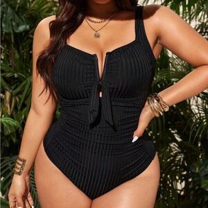 Ribbed Black One-Piece Swimsuit with Front Tie